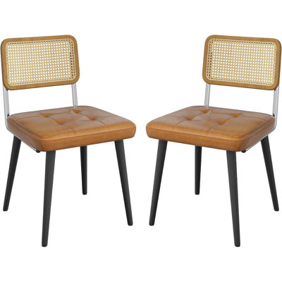 Ensemble de 2 chaises de salle à manger en rotin, siège de salle à manger rembourré Mid-Century avec siège en similicuir et pieds en métal, chaises d'appoint modernes pour table de salle à manger, brun