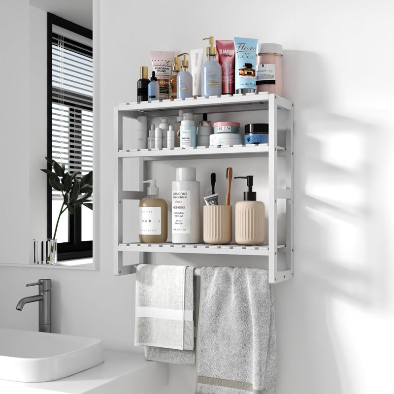 Rohnda Bamboo Bathroom Shelves, White, 16.6"L x 16.8"H x 5.9"D