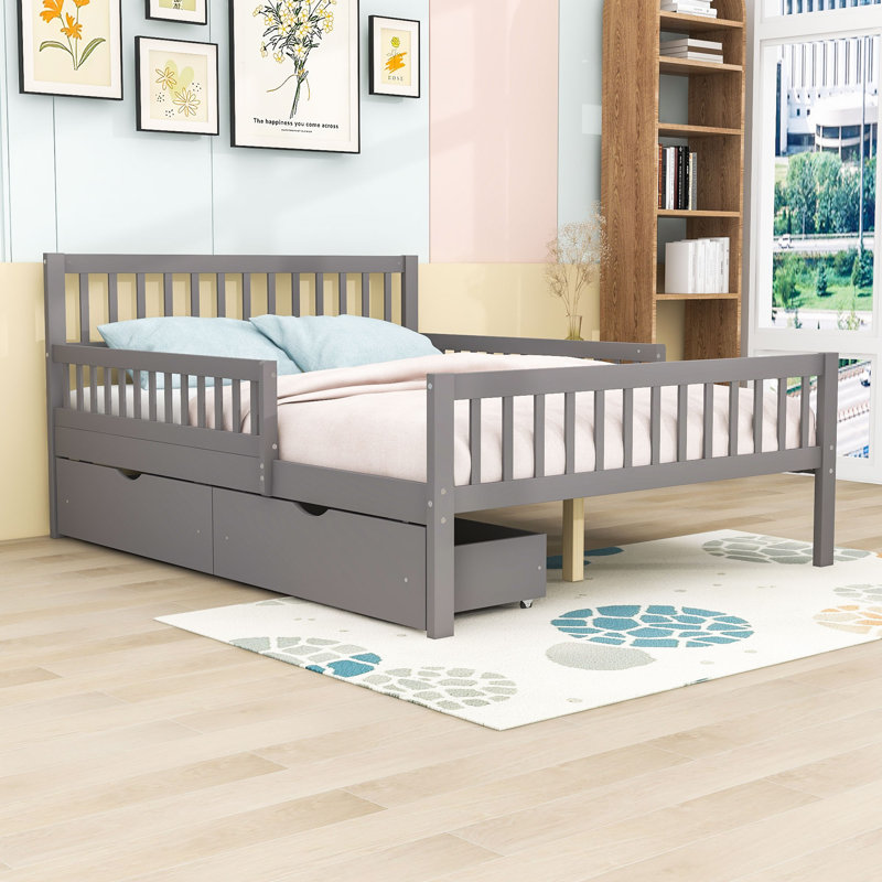 Idahlia Wooden Platform Bed with Headboard, Guardrails and Underbed Storage Drawers, Gray, Full