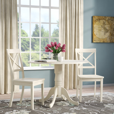 3 Piece Modern Dining Table Set Contains a Round Wooden Table with Dropleaf and 2 Faux Leather Kitchen Dining Chairs, 42x42 Inch, Linen White