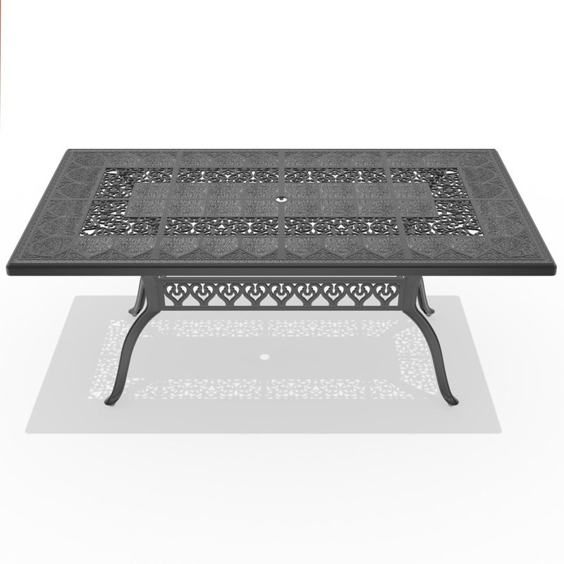 68,9 po Table de salle à manger d'extérieur rectangulaire en fonte d'aluminium avec cadre noir et trou pour parasol
