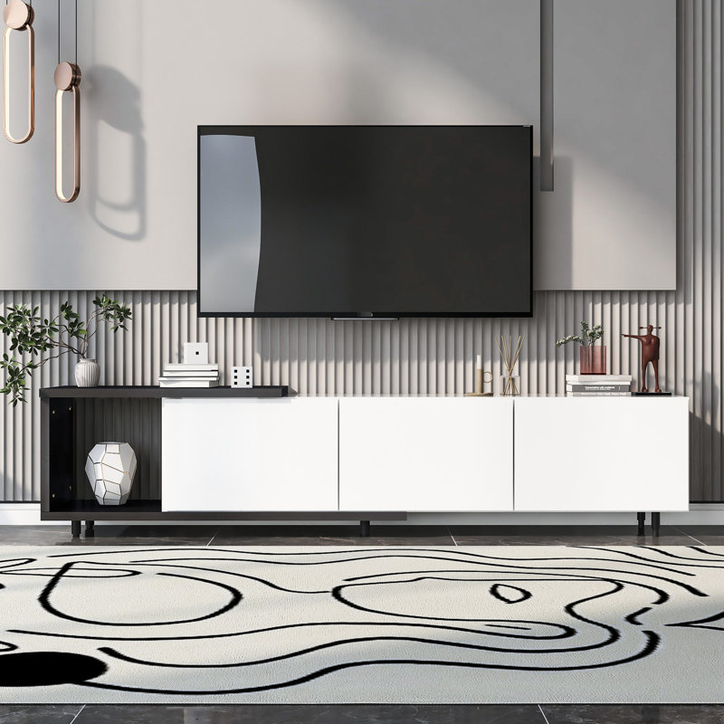 Meuble télé extensible pour écrans de 80 pouces et plus, moderne, 70,1 po à 100 po, fini blanc noir au design moderne, téléviseur, réglable de 100 po