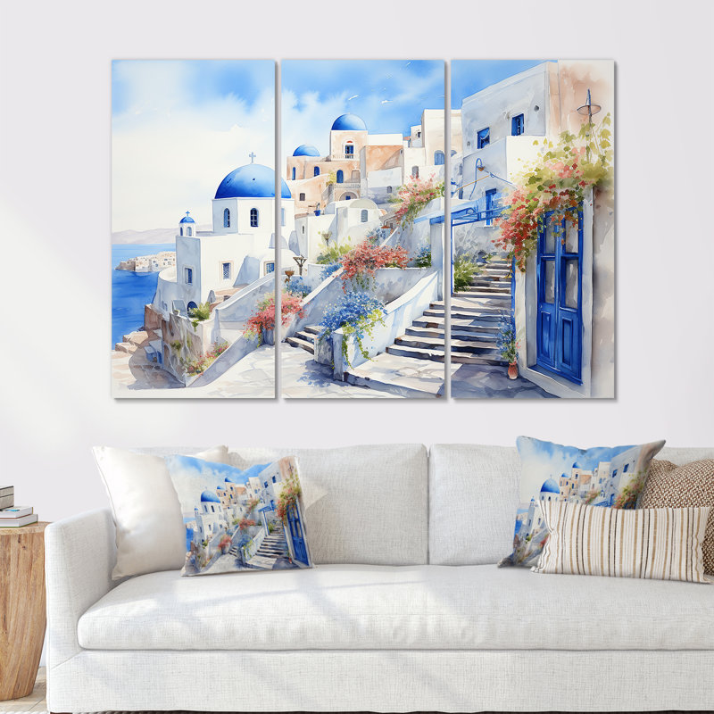 «Blue and White Santorini Village I», art mural Grèce, Toile tendue, H 40 po x l 61 po x P 1 po