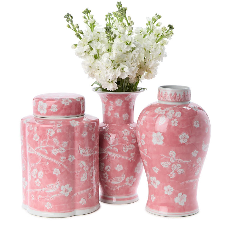 Ensemble de 3 vases / pots en céramique peints à la main rose chinois