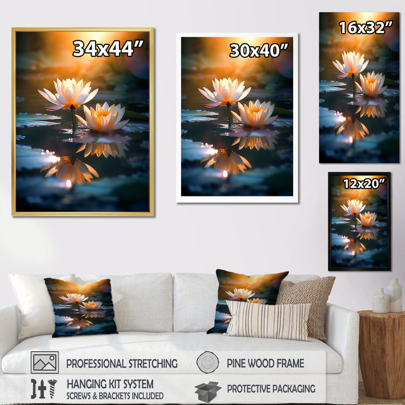 «Lotus Pond at Sunset II», reproduction sur toile, Cadre flottant doré, 32" H x 16" W