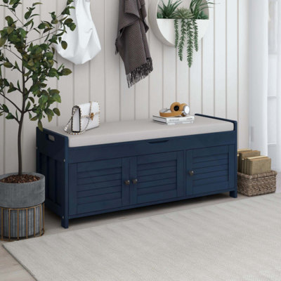 Banc de rangement rustique avec 3 portes à volets, coussin amovible et rangement dissimulé à plateau relevable, banc à chaussures polyvalent