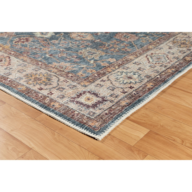 Tapis oriental lavable à la machine en bleu / crème, Tapis de couloir 2 pi 2 po x 7 pi 6 po