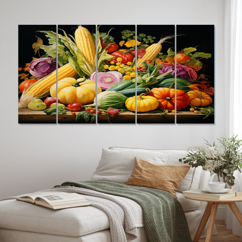 «Légumes et nourriture vibrante I», reproduction d'art sur bois - 5 panneaux égaux