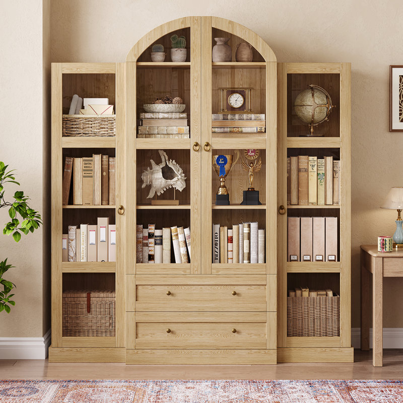Bibliothèque 72,4 "H Portes en verre avec tiroirs et tablettes réglables