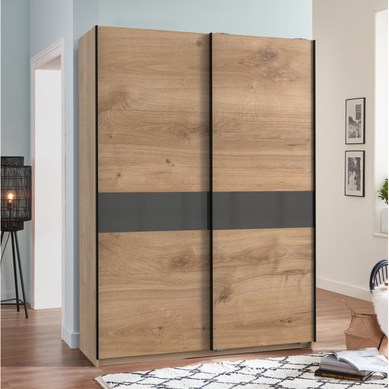 Chaska 2 Door Manufactured Wood Wardrobe, 198cm H x 135cm W x 64cm D, Premium Plus, Plank Oak/Glass Grey