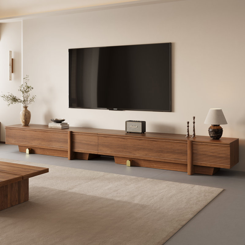 Meuble télé 71 po Mid-Century, console multimédia en bois brun pour le salon avec gestion des câbles