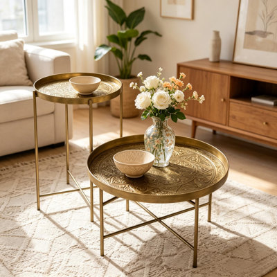 Round Side Table Set of 2, 24" Dia. x 15.7" H and 18.5" Dia. x 26.8" H, Metal, 2-Piece, Side Table Set, Gold, Hammered Floral Pattern with Adjustable Foot Pads