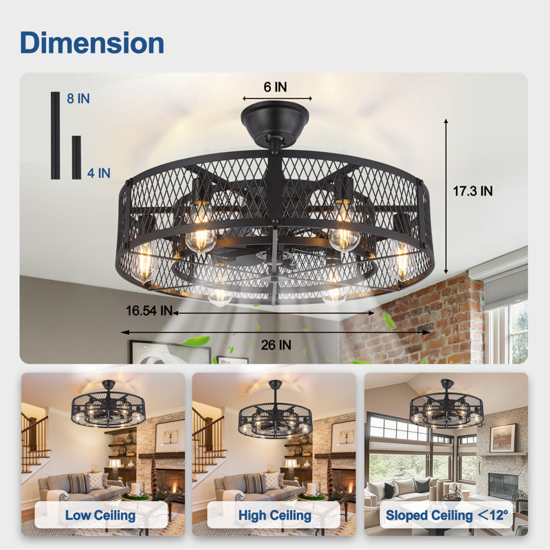 26'' Black Caged Ceiling Fans with Remote App Control for Patio Kitchen Bedroom, Farmhouse Flush Mount Ceiling Fan with Lights Reversible 6 Speed Timer 