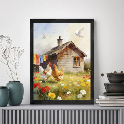 Art mural encadré noir pour le salon et la chambre à coucher, "Chicken and Chicken Field", œuvre d'art encadrée dans un cadre noir, cadeau unique pour les amis et la famille