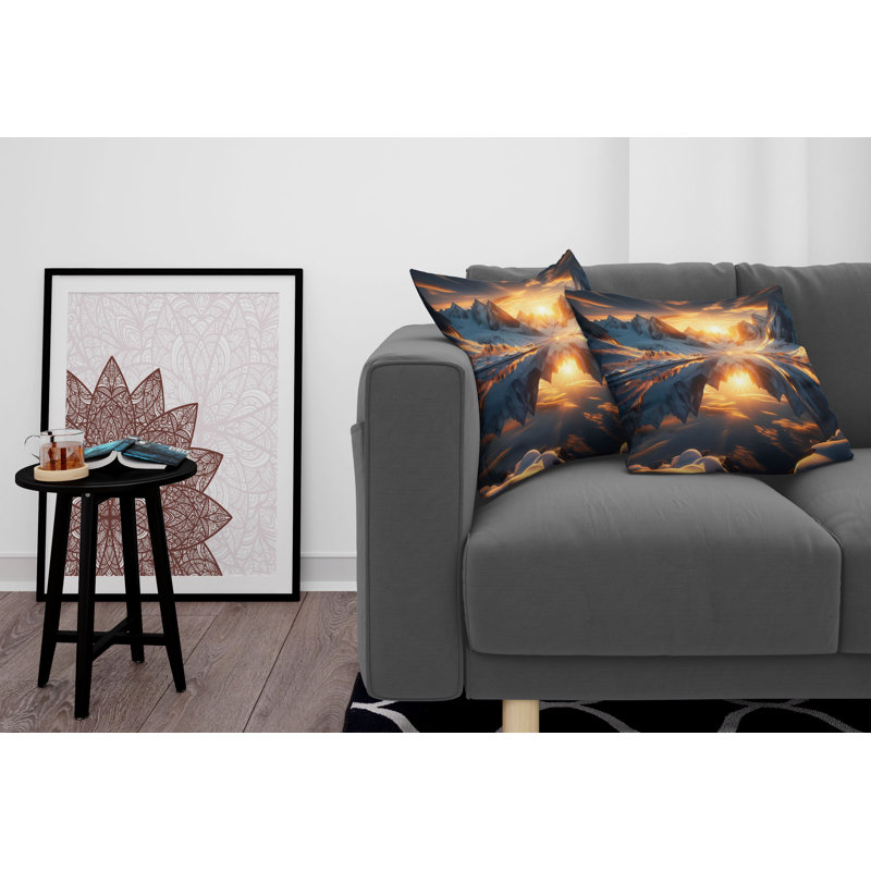 Orange and Dark Blue Mountain Lake Microfiber Throw Pillow Set
