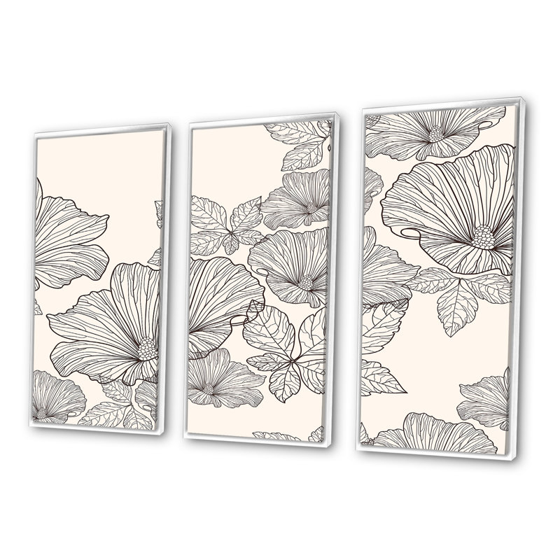 Fleurs et feuilles monochromes - ensemble d'art mural sur toile traditionnel encadré de 3, H 28 po x l 36 po x P 1 po, Blanc