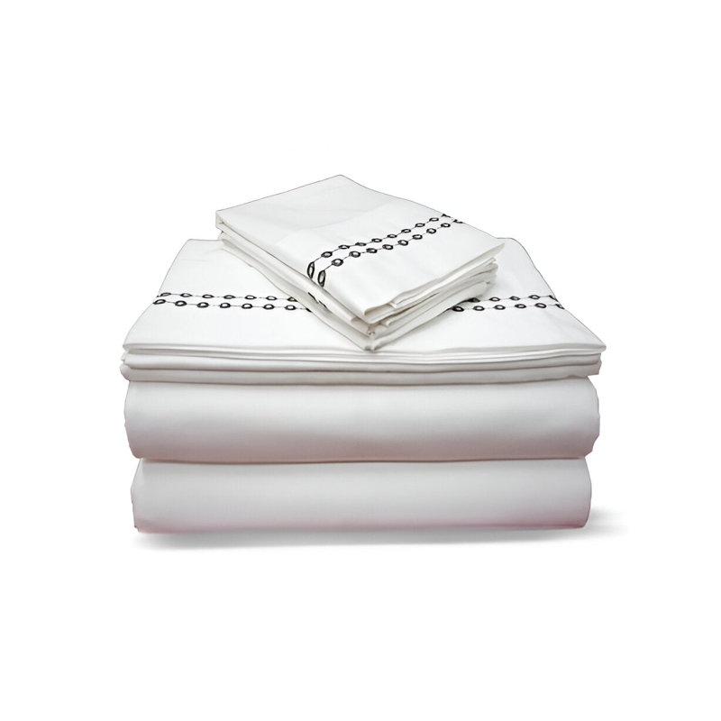 400TC Sateen Solid Cotton Dot Embroidered Cotton 4 Piece Sheet Set Fitted Sheet Fits Upto 16" Deep Pocket, Full Sheet Set