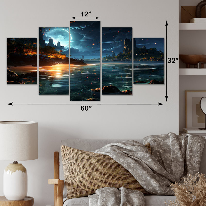 Mystic Tropical Beach Moonlight IV - Coastal Beach, art mural multi-panneaux pour le salon