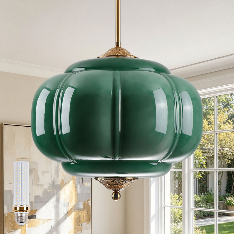 Suspension vintage en verre en forme de citrouille, plafonnier à intensité variable 3 couleurs avec ampoule DEL à culot E26