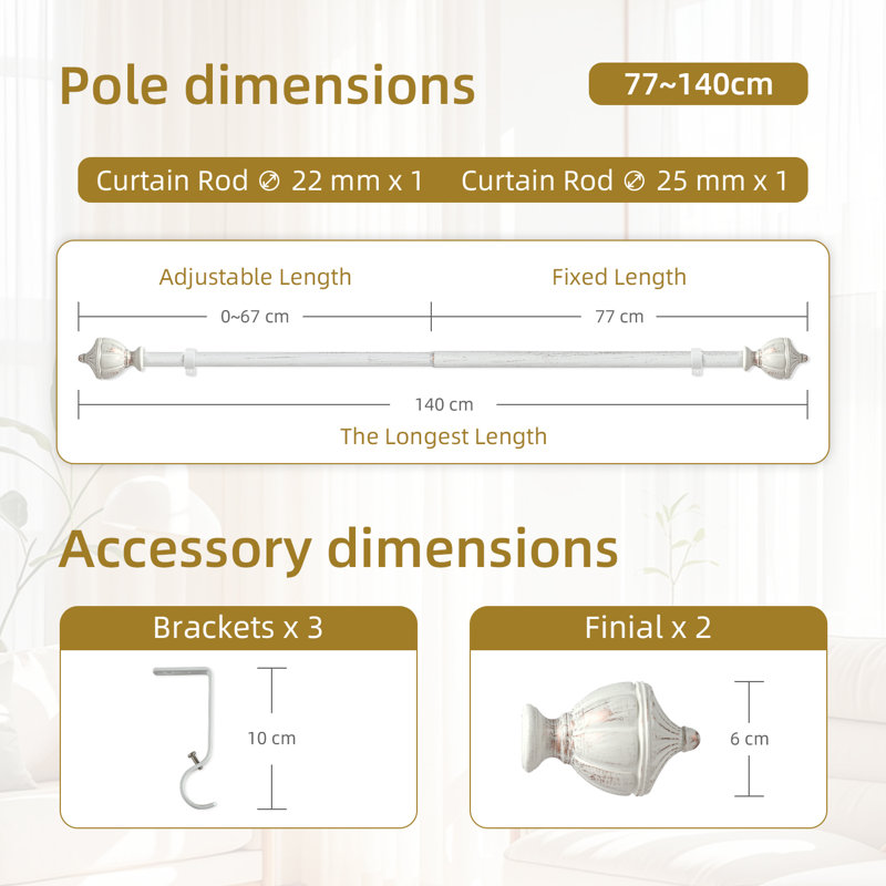 Jacarion Adjustable Overall Width x 1'' Diameter Single Curtain Rod, 28" - 48"