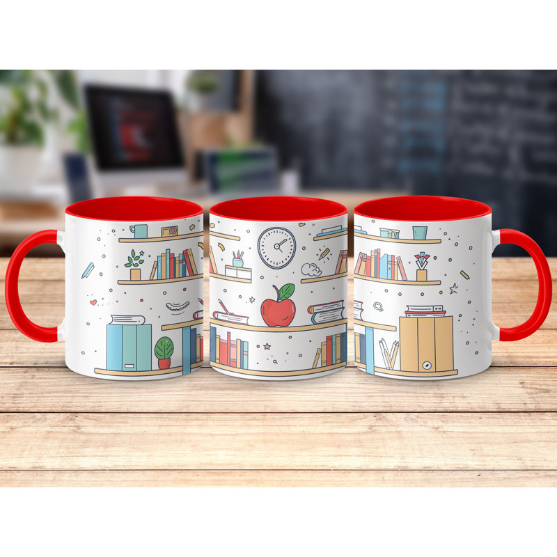 Kids Drawing Style 11oz Accent Mugs – Ceramic Coffee Cup with a Red Handle and Interior