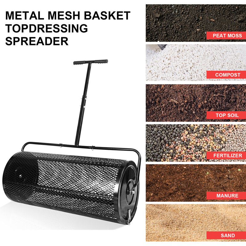 L'épandeur à compost noir de 36 pouces est réglable et amélioré de type T, facile à manipuler. Épandeur de mousse de sphage à long manche, rouleau en métal léger et durable pour planter des graines uniformément réparties, équipement de jardin