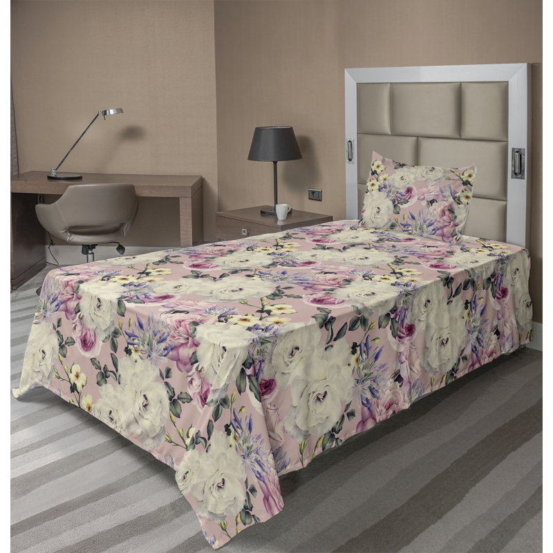 Ambesonne Watercolor Botany Sheet Set 4 Pcs Retro Boho Bloom, Ivory Pastel Pink Floral, Twin XL Sheet Set with 1 Pillowcase