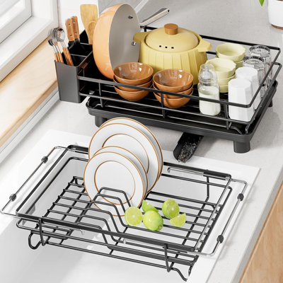 Ensemble de 2 égouttoirs à vaisselle empilables, égouttoir à vaisselle compact antirouille avec égouttoir et porte-couverts pour comptoir de cuisine