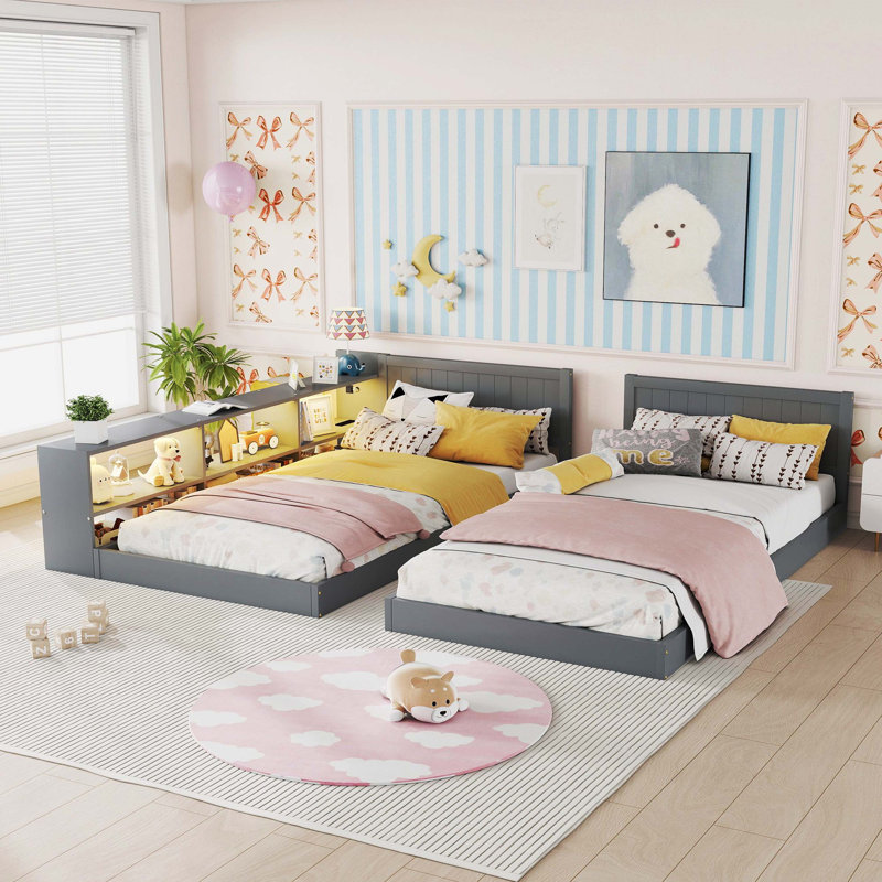 Lit double simple avec compartiments de rangement, lit simple au sol avec lumières et station de charge, lit convertible pour 2 enfants, gris