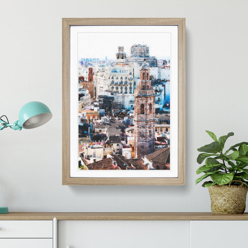 Valencia Skyline in Spain - Picture Frame Painting Print, 63cm H x 45cm W x 2cm D, Oak Framed