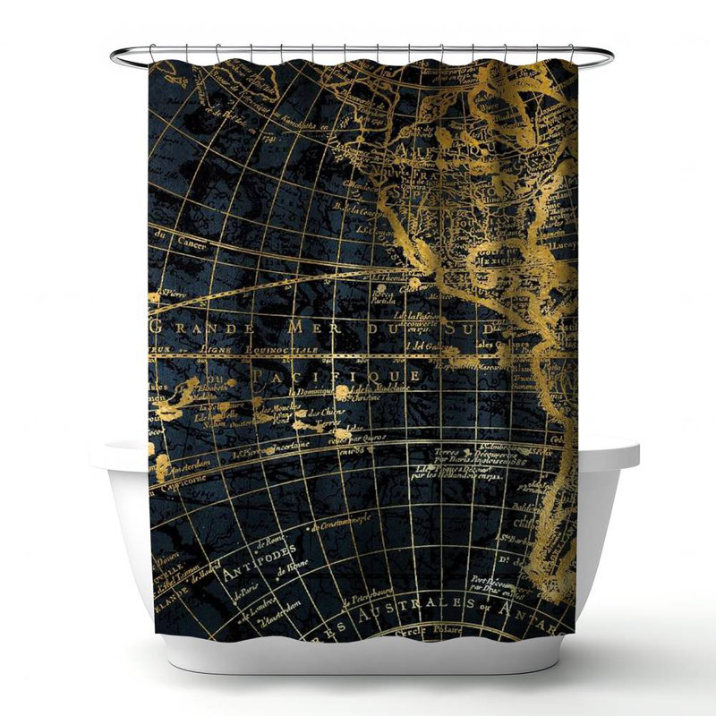 Shapes Blue World Map – Home Decor Travel Theme – Polyester Shower Curtain, Dye Sublimation Print, 71" W × 74" L