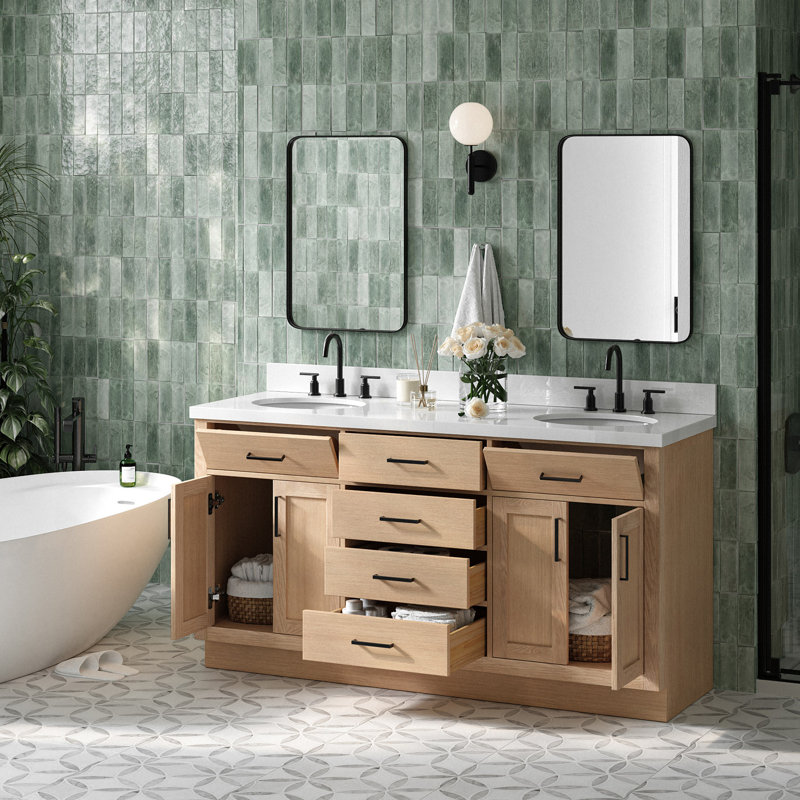 Ensemble de meuble-lavabo double en bois massif 66 po avec plateau en quartz blanc 1,5 po Thornaby, lavabos ovales, Ovale