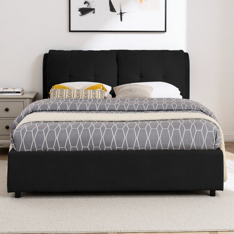 Grand lit plateforme tapissier hydraulique avec tête de lit intégrée, structure de lit moderne en tissu chenille, aucun sommier nécessaire