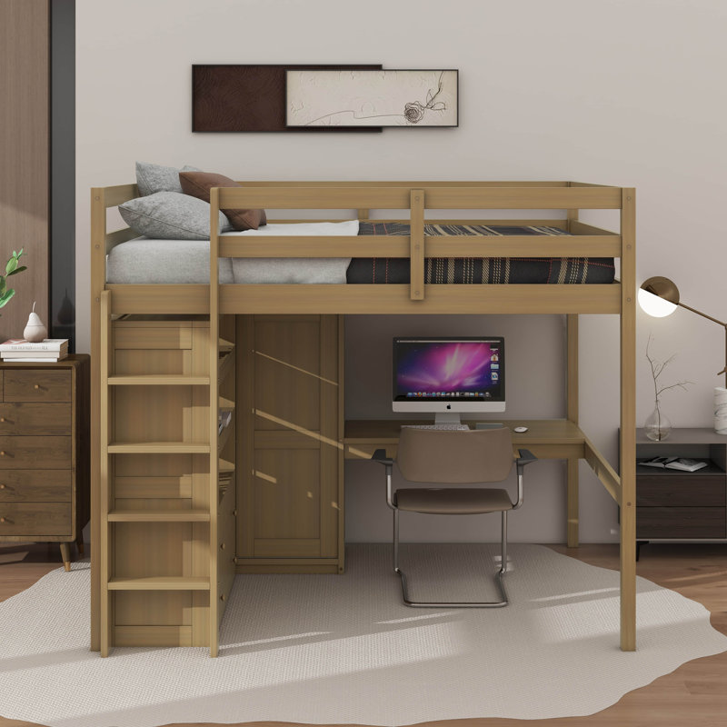 Lit mezzanine en bois pleine grandeur avec garde-robe intégrée, bureau, tiroirs et tablettes de rangement, Noyer