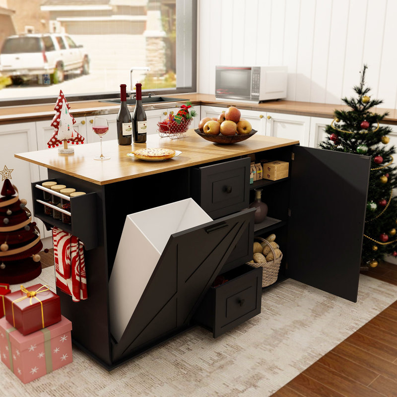 54 Inch Kitchen Island Cart with 3 Drawers and X‑Shaped Cabinets | Deciduous Wood Top, Lockable Casters, Spice Rack and Towel Rack, Adjustable 3‑Tier Storage, Dual Tone