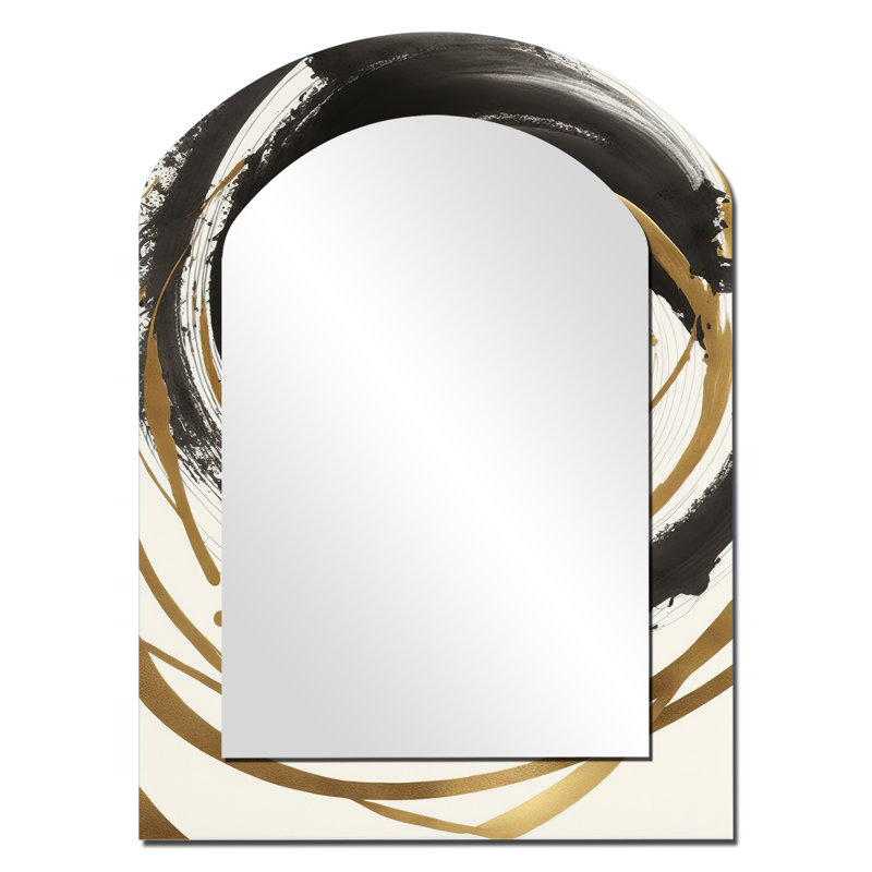 Black And Gold Curves III - Abstract Spirals Asymmetrical Wall Mirror, Black Arch Decorative Mirror, Printed Metal Art