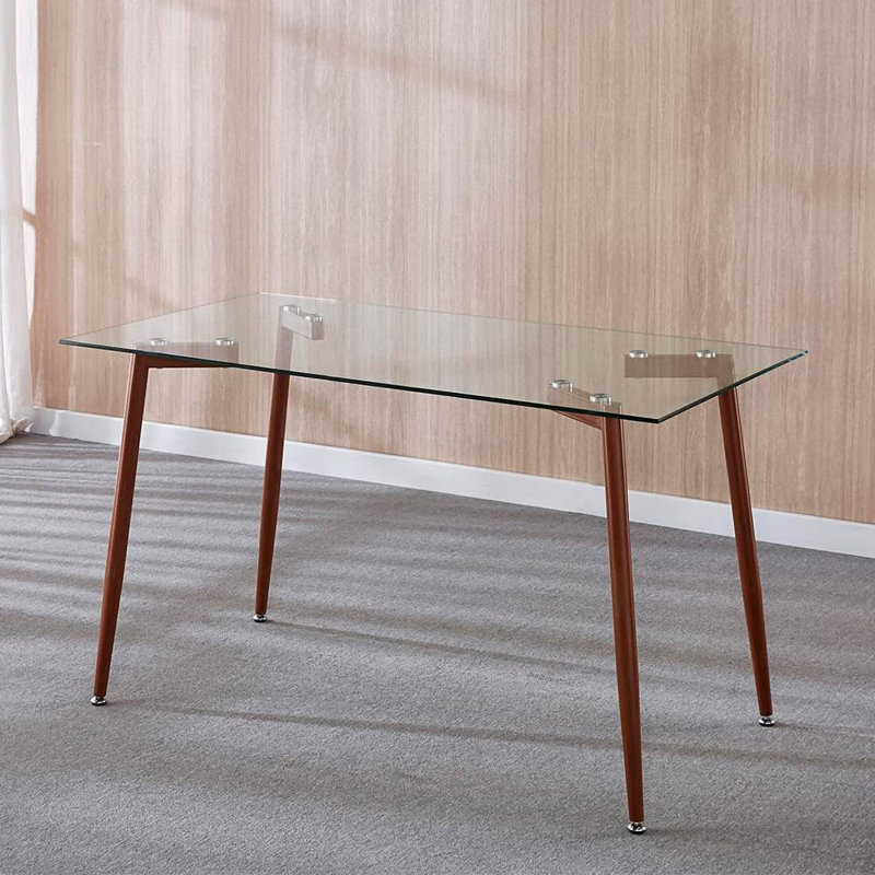 Strathcona Glass Top Metal Base Dining Table, 29.5"H x 55"L x 33"W, Walnut