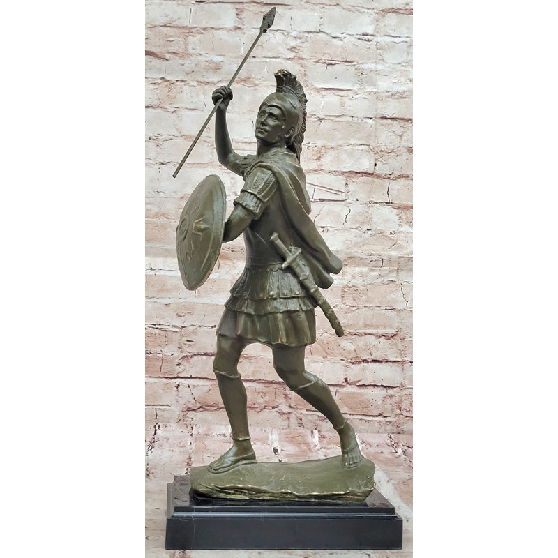 Sculpture romaine ou grecque en bronze avec lance et bouclier sur base de marbre