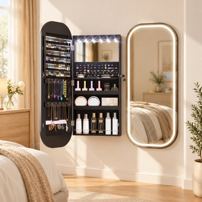 Armoire à bijoux avec miroir, organisateur de bijoux mural / porte, l, noir