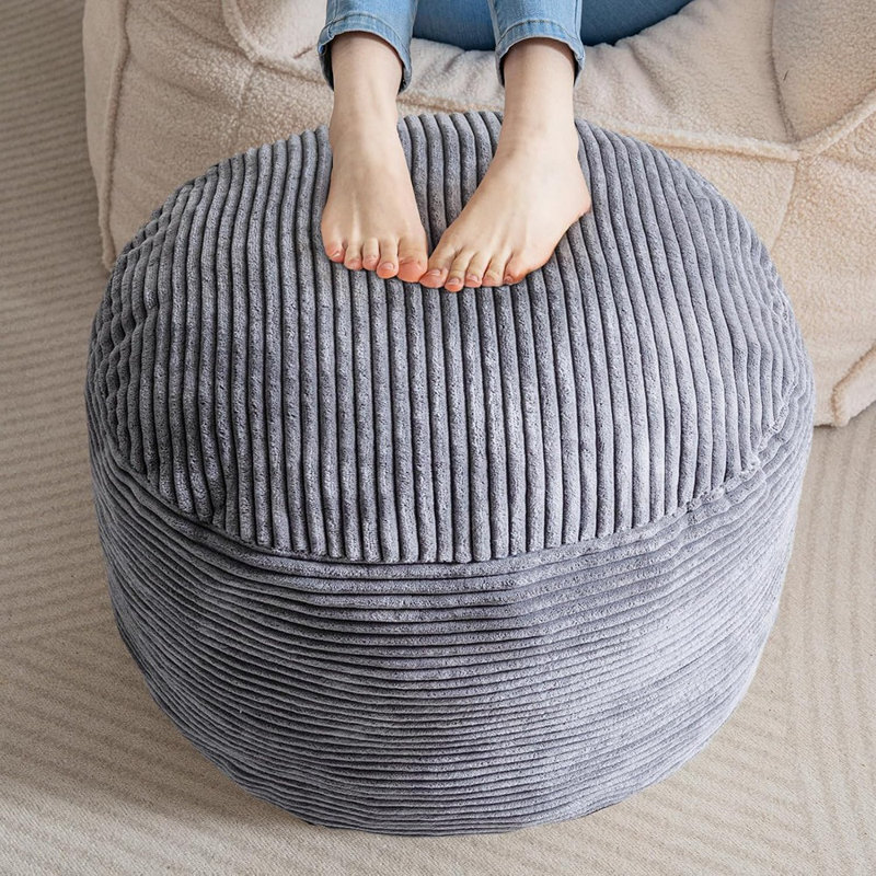 Mercer41 Round Stuffed Pouf Ottoman, 20 X 15 Floor Poufs Foot Rest For Living Room, Dark Grey, Corduroy Poufs With Foam Chunk Filling, Fuzzy And Furry Pouf Foot Stool Storage Ottoman