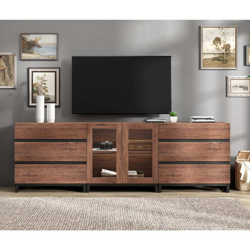 3 In 1 TV Stand For Tvs Up To 100 Inch, Modern TV Console With Glass Doors And 6 Drawers, Entertainment Center With Adjustable Shelf For Living Room, Bedroom