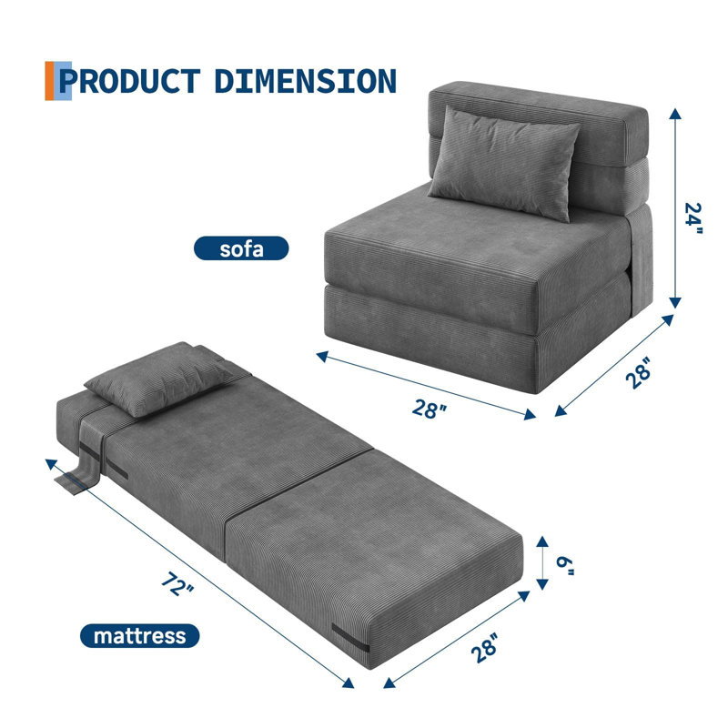 2PCS 72" Folding Sofa Bed Convertible Floor Couch with Adjustable Backrest, Sleeper Chair Bed with Washable Cover & Pillow for Small Spaces