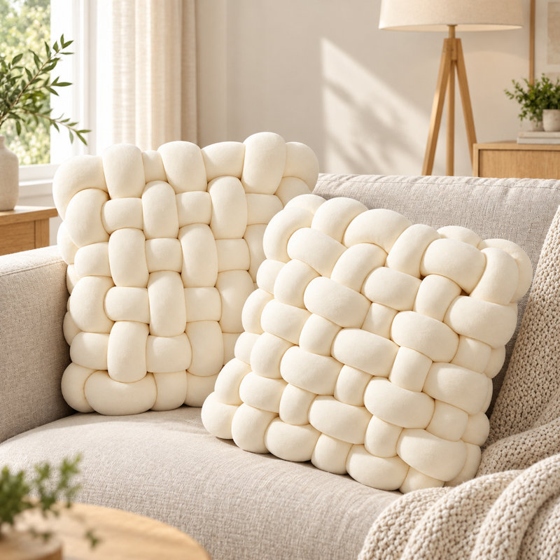 Ensemble de 2 coussins décoratifs de luxe noués à la main, coussins moelleux et épais à nœuds pour canapé, lit et décoration intérieure