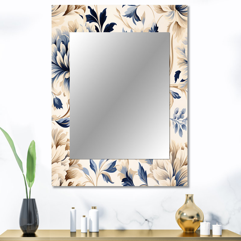 Amarina Petal Symphony Blue Damask Harmony - miroir mural décoratif damassé, 40 po x 30 po