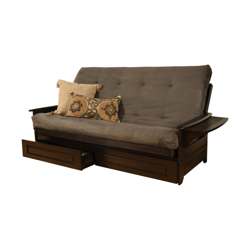 Futon et matelas avec rangement Stratford, Microsuède gris, À ressorts, Espresso