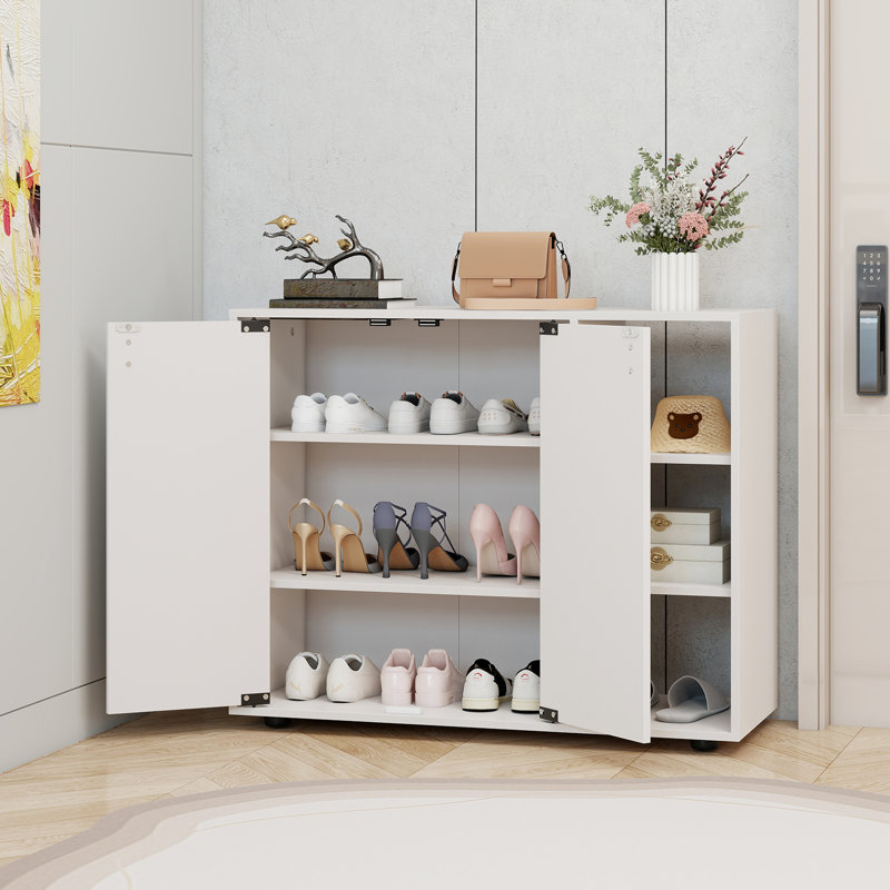 3-Tier Wooden Shoe Storage Organizer with Doors & 3-Level Adjustable Open Shelves, White