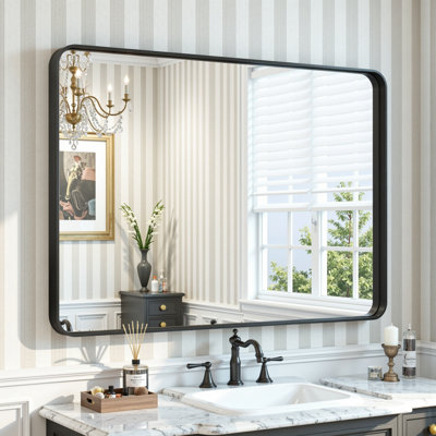 Miroir de salle de bain rectangulaire arrondi de 1,18 po avec cadre en alliage d'aluminium et verre trempé de qualité supérieure Lunara
