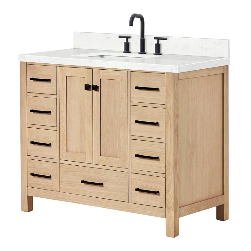  Meuble-lavabo simple 42,25 po avec comptoir en quartz, Chêne / noir mat