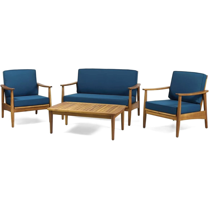 Ensemble de conversation d'extérieur en bois de teck brun Willowbrook 4 pièces avec coussins sarcelle foncé