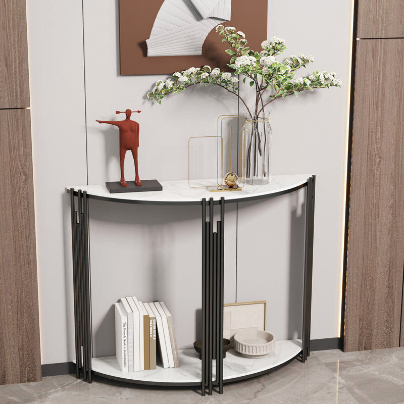 39.4" 2-Tier Half-Moon Sinter Stone Console Table With Black Metal Frame